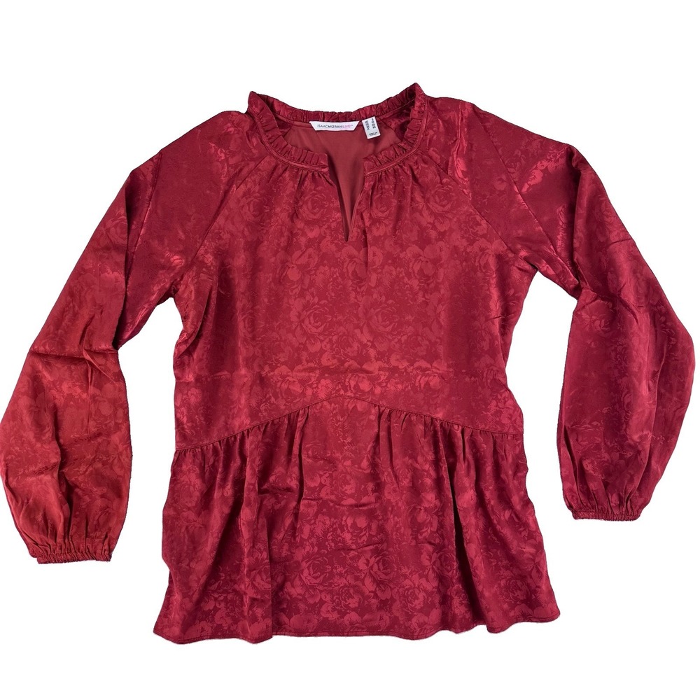 Isaac Mizrahi Live! Stretch Jacquard Shirred Peplum Blouse 6 Regular Red
